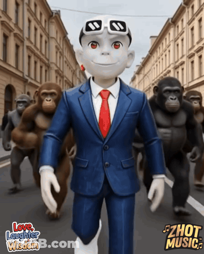 Man In Suit Surrounded By Monkeys Love Laughter Wisdom GIF