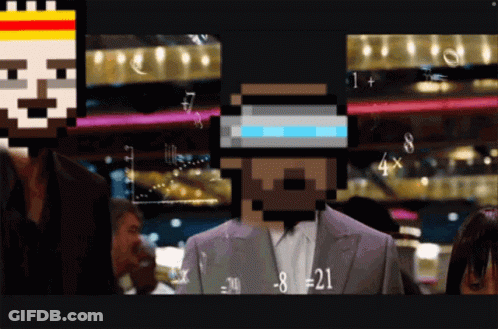 Man In Suit Surrounded By Pixel Faces And Numbers GIF