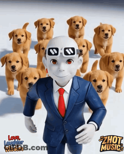 Man In Suit Surrounded By Puppies Love Laughter Wisdom GIF