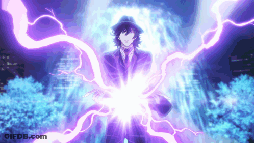 Man In Suit Surrounded By Purple Lightning GIF