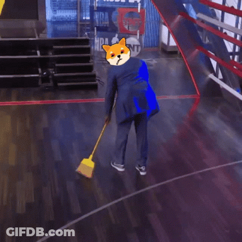 Man In Suit Sweeping Floor In Front Of NBA Logo GIF