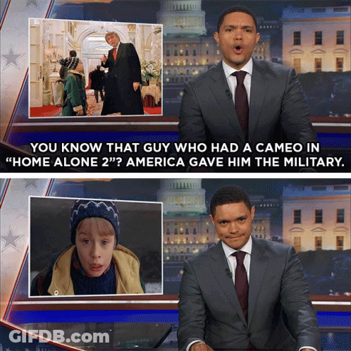Man In Suit Talking About Home Alone 2 Cameo GIF