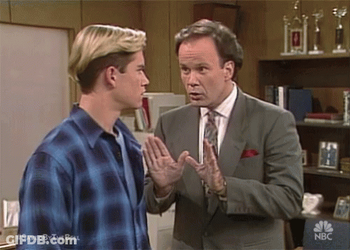 Man In Suit Talking To Man In Blue Plaid Shirt Saved By The Bell GIF