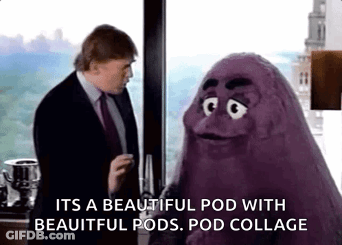 Man In Suit Talking To Purple Monster With Googly Eyes GIF