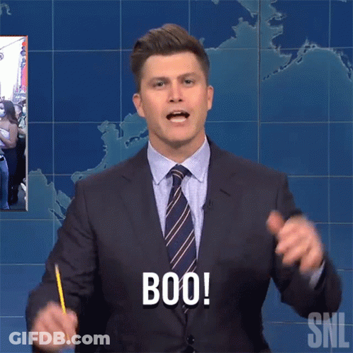 Man In Suit Tie Says Boo On SNL GIF