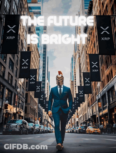 Man In Suit Walking On City Street With XRP Banners GIF