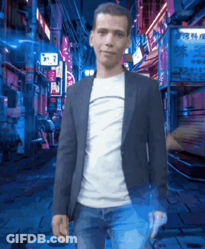 Man In Suit Walking Street With Chinese Signs GIF