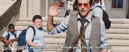 Man In Suit Waving Saying It's The Weekend I Don't Know You GIF