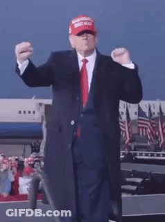 Man In Suit Wearing MAGA Hat Dancing In Front Of Airplane GIF