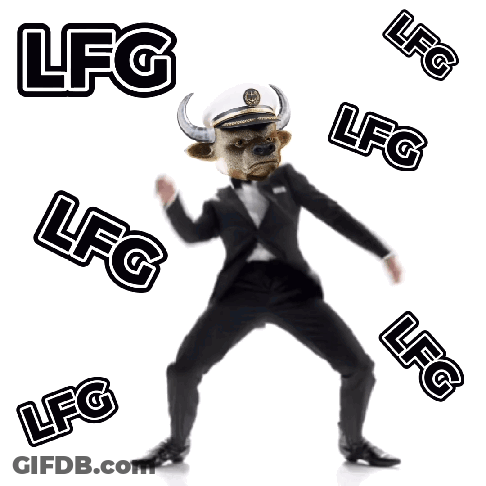 Man In Suit With Bull's Head Surrounded By LFG Logos GIF