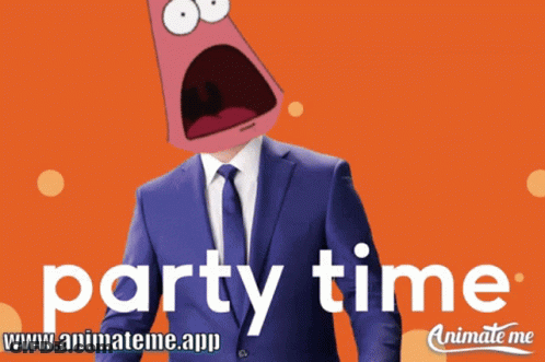 Man In Suit With Cartoon Head Saying Party Time Animate Me GIF