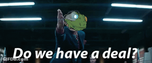 Man In Suit With Lizard Head Says Do We Have A Deal GIF