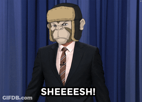 Man In Suit With Monkey Mask Saying Sheeesh GIF