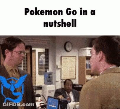 Man In Suit With Pokemon Go Logo On Back Talking GIF