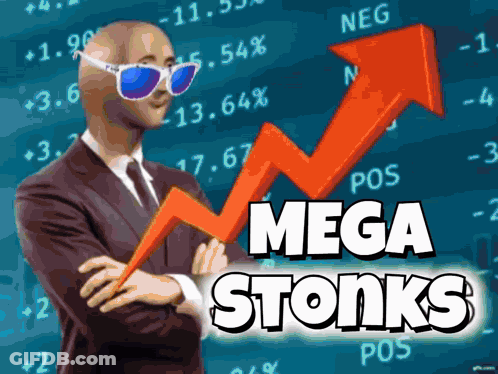 Man In Suit With Red Arrow Saying Mega Stonks GIF