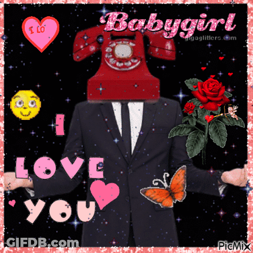 Man In Suit With Red Telephone On Head Says I Love You GIF