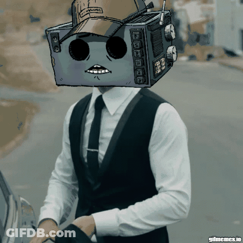 Man In Suit With Supreme Box On Head GIF