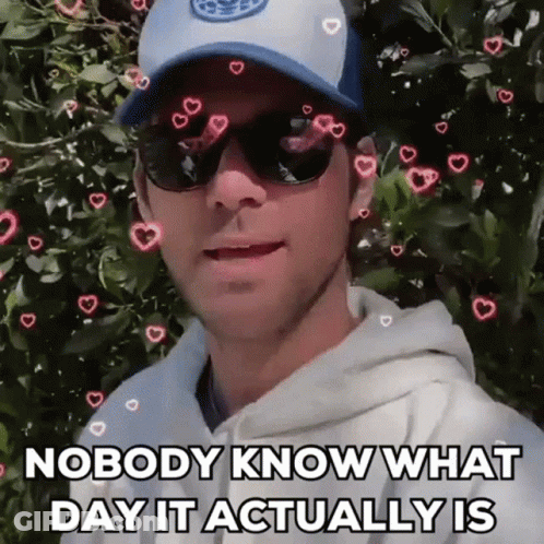 Man In Sunglasses And Baseball Cap Says Nobody Know What Day It Actually Is GIF