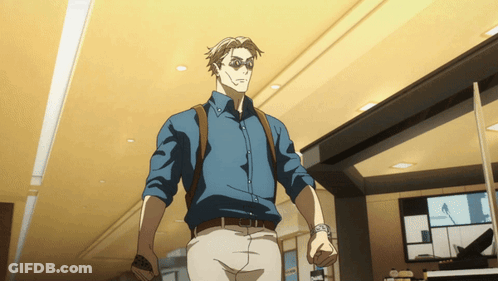 Man In Sunglasses And Blue Shirt Walking Through Building GIF
