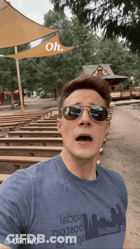 Man In Sunglasses And Cameo Shirt In Front Of Wooden Benches GIF