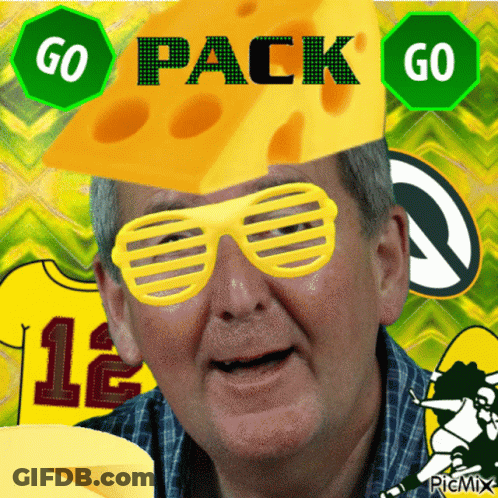 Man In Sunglasses And Cheese Hat Saying Go Pack Go GIF