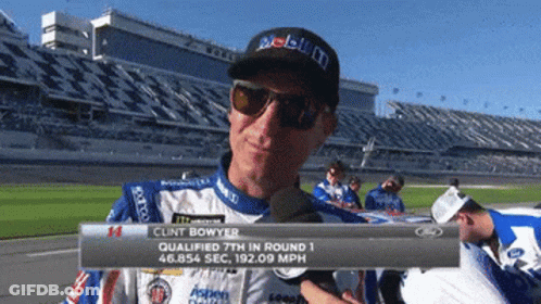 Man In Sunglasses And Clint Bowyer Hat Talking Into Microphone GIF