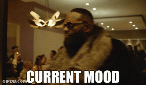Man In Sunglasses And Fur Coat With Current Mood Above GIF