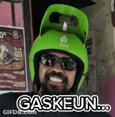Man In Sunglasses And Green Helmet Saying Gaskeun GIF