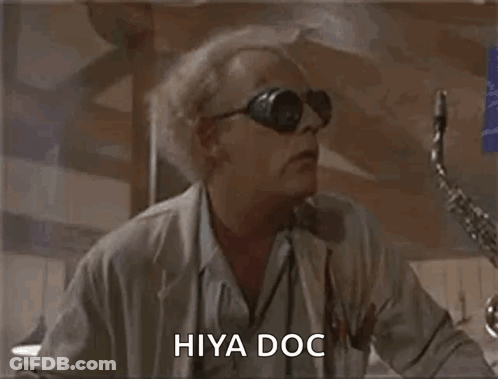 Man In Sunglasses And Lab Coat Playing Saxophone Saying Hiya Doc GIF