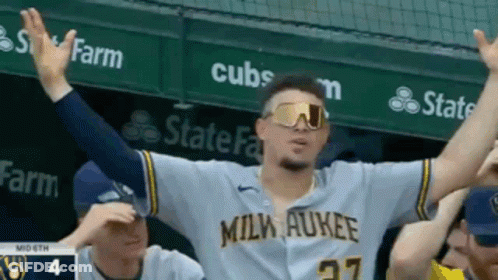 Man In Sunglasses And Milwaukee Jersey Arms Up GIF