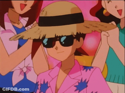 Man In Sunglasses And Straw Hat With Two Women GIF