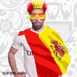Man In Sunglasses And Wig Holding Yellow And Red Flag GIF