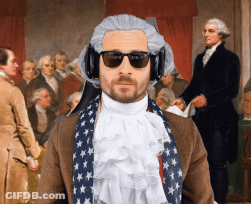 Man In Sunglasses And Wig In Front Of George Washington Painting GIF