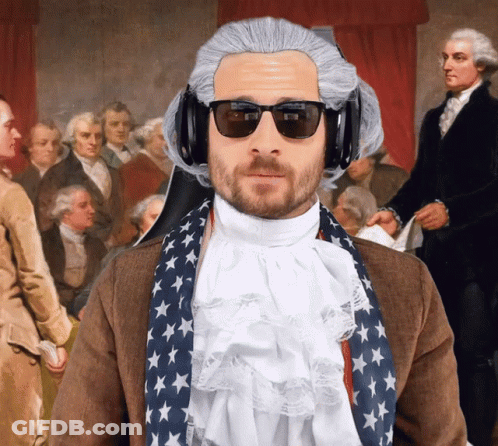 Man In Sunglasses And Wig In Front Of George Washington Painting GIF