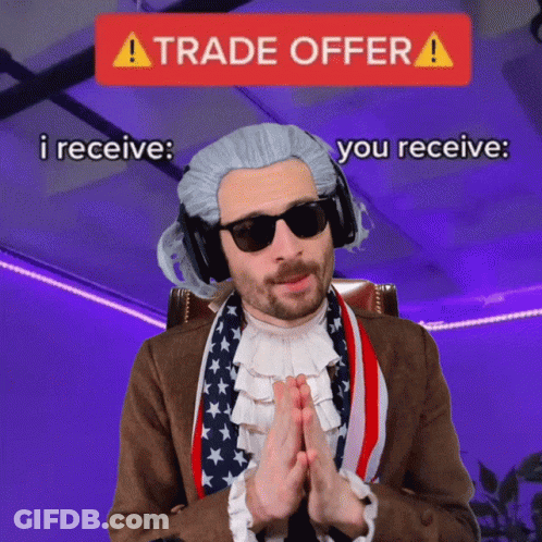 Man In Sunglasses And Wig In Front Of Trade Offer Sign GIF