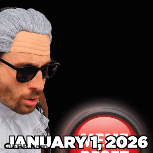 Man In Sunglasses And Wig Looking At Red Button Saying January 1, 2026 GIF