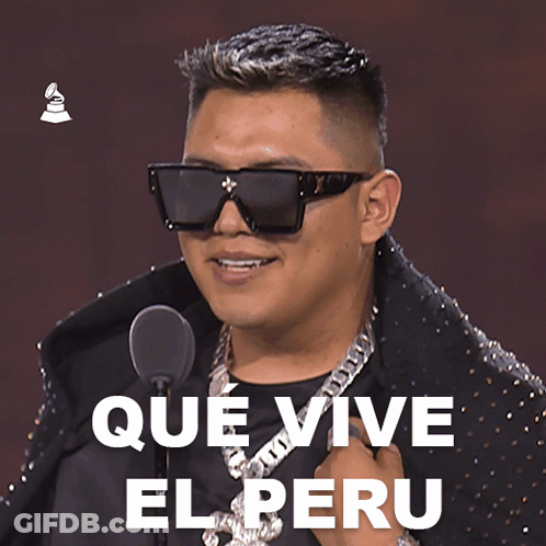 Man In Sunglasses At Microphone With Que Vive El Peru GIF