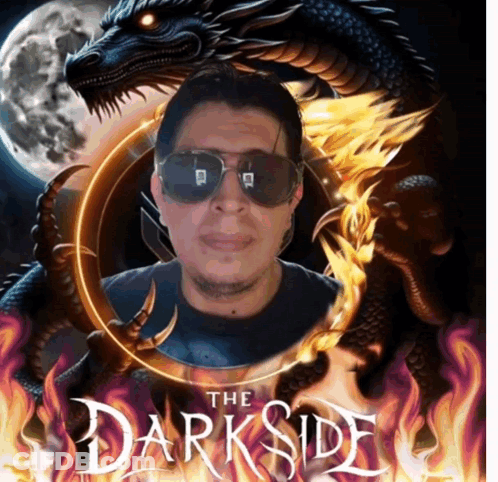 Man In Sunglasses In Front Of Dragon On The Darkside Cover GIF