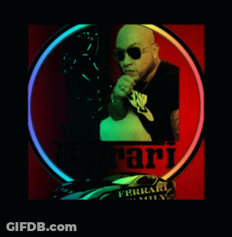 Man In Sunglasses In Front Of Red Sign Mr Ferrari GIF