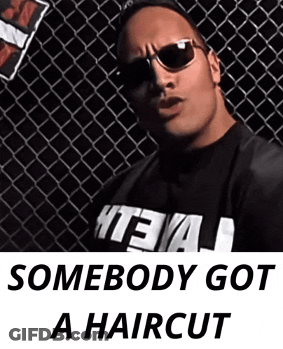 Man In Sunglasses Wearing Somebody Got A Haircut Shirt GIF