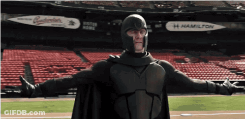 Man In Superhero Costume In Front Of Hamilton Ad GIF