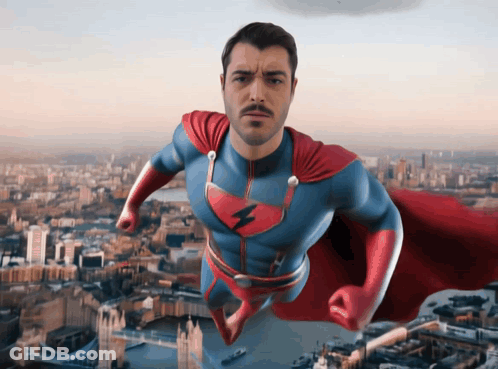 Man In Superman Costume Flying Over City GIF