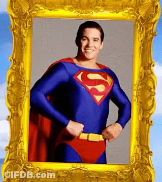 Man In Superman Costume In Gold Frame GIF