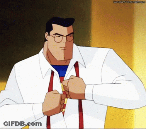 Man In Superman Costume Talking To Another Man GIF