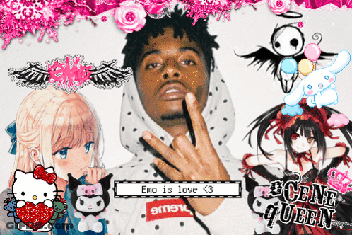 Man In Supreme Hoodie Surrounded By Anime Characters And Flowers GIF