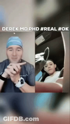 Man In Surgical Cap Pointing At Woman In Car GIF