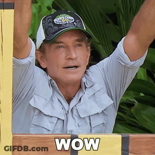 Man In Survivor 50 Hat Standing In Front Of Wow Sign GIF