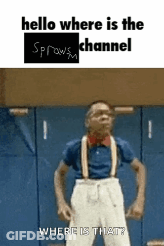 Man In Suspenders In Front Of Hello Where Is The Spraws Channel Sign GIF