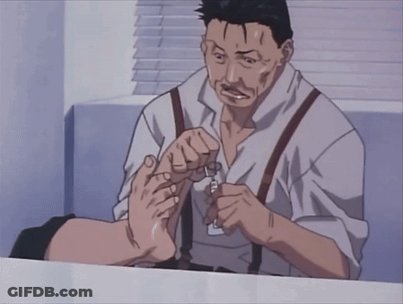 Man In Suspenders Scissors Over Womans Foot GIF