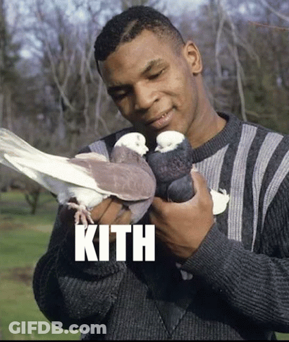 Man In Sweater Holding Two Pigeons With Kith GIF